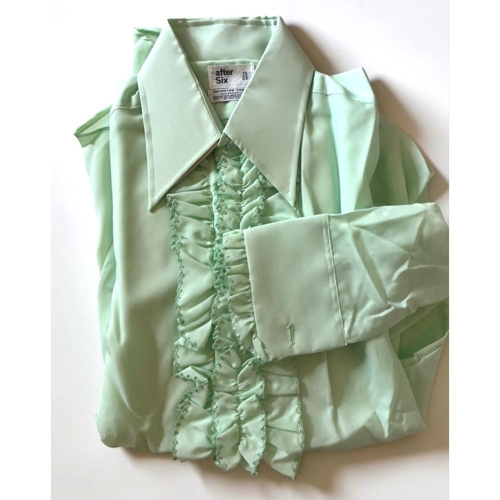 Vintage New Old Stock 1970s Ruffled Tuxedo Shirt After Six Green 15 / 33 Disco